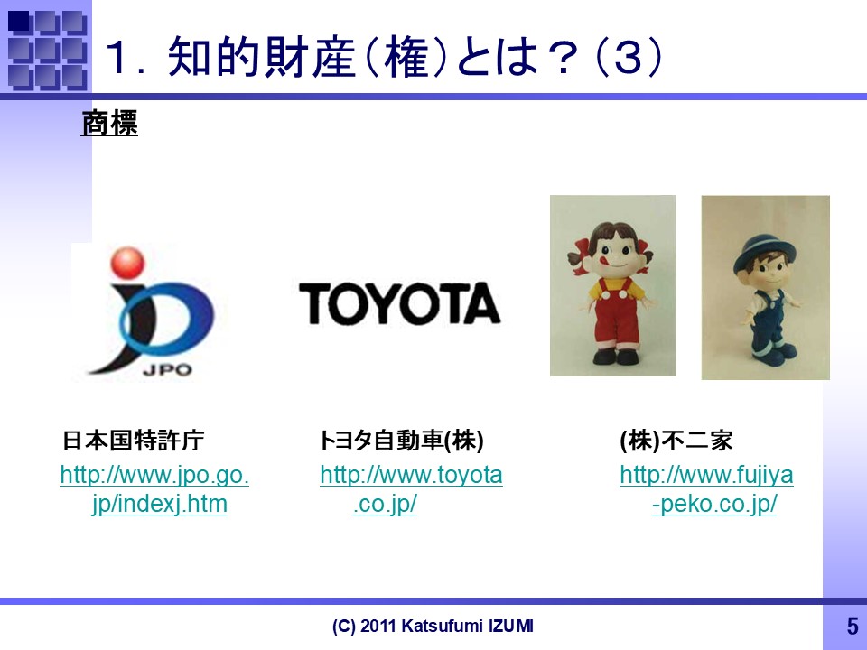 登録商標
日本特許庁:「JPO」
トヨタ自動車株式会社:「TOYOTA」
株式会社不二家:「ペコちゃん」、「ポコちゃん」