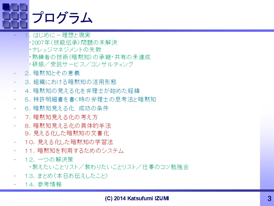 method for tacit knowledge visualization (seminer program)
暗黙知見える化セミナー・スライドNo.3(セミナー・プログラム)